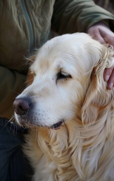 photo of an old golden retriever dog's head being gently petted in the style of his owner, his eyes closed in contentment