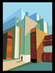 A person stands at the center of a stylized graphic environment resembling a cityscape comprised of towering book spines. The bold colors and geometric shapes give the composition a modern and abstrac - 782895946