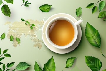 Cup of tea, tea leaves around. International tea day concept. - obrazy, fototapety, plakaty