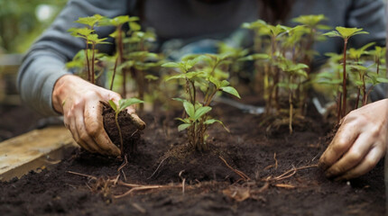 A woman is planting seedlings. Close-up of the hands of an elderly woman who plants seedlings in the soil.	
