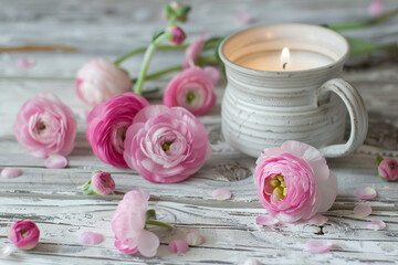 Pink flowers with lit candles on white wooden table in Scandinavian style