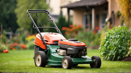 Fototapeta premium Lawn mower in a suburban area, the use of modern technologies in a rural area 