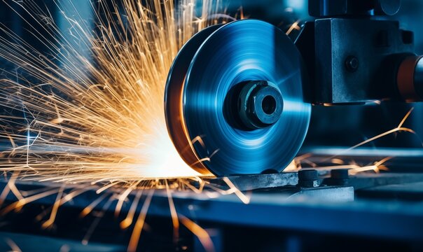 A closeup of an aluminum spool turning on the lathe, with sparks flying around it in blue and white tones. The background is dark and blurred, creating depth.