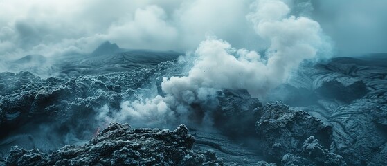 Steam vents on volcano, close up, mist rising, detailed rocks, soft background - obrazy, fototapety, plakaty