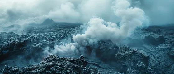 Fototapeten Steam vents on volcano, close up, mist rising, detailed rocks, soft background © Thanthara