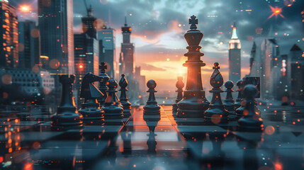 A 3D render depicting a chessboard with futuristic cybernetic pieces, symbolizing strategic business wars, in a double exposure with a bustling city skyline
