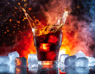 A glass filled with a cola bubble explosion on a Several ice cubes background