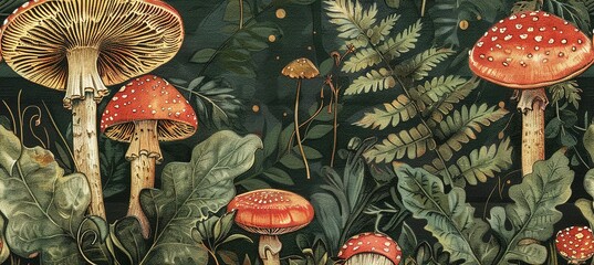 mushrooms in the autumn forest, fly agaric mushroom in forest, Beautiful vintage mushroom plants in the forest - obrazy, fototapety, plakaty