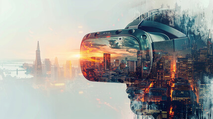 A depiction of a virtual reality headset displaying a battlefield, merging with the skyline of Silicon Valley, representing the fusion of tech innovation and strategic warfare - obrazy, fototapety, plakaty