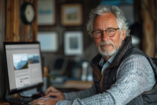 An older man with grey hair working on a computer in a cozy home office
