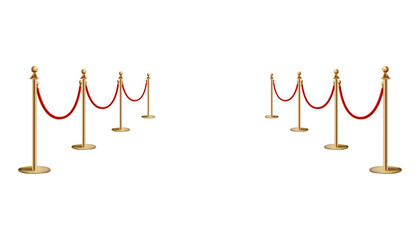Barriers with red rope line. VIP zone, closed event restriction. Realistic image of golden poles with velvet rope. Isolated on white background