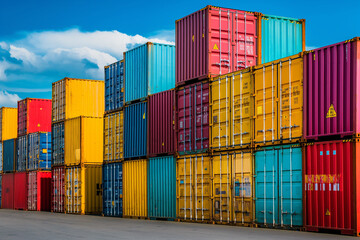 multicolored containers at a port, Sea containers of different colors stacked in rows, generative ai