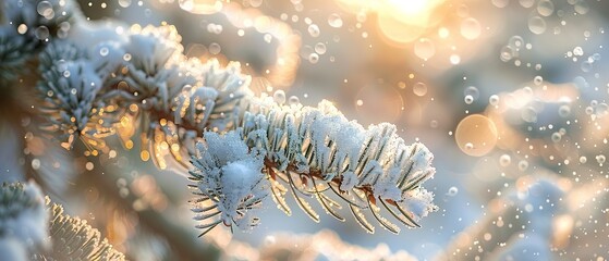 Snowflakes on pine, close up, winter wonder, crisp details, soft backlight - obrazy, fototapety, plakaty