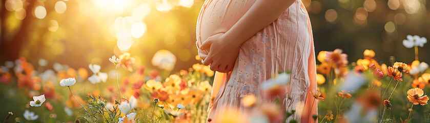 Close-up of a mother's hands cradling her belly in a garden, symbolizing maternal love and connection with nature. - Powered by Adobe