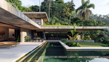 3D render of a modern concrete house with a pool and green grass, a luxurious villa