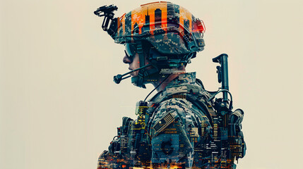 A visual metaphor of a soldiers silhouette filled with corporate logos, indicating the commercialization of warfare - obrazy, fototapety, plakaty
