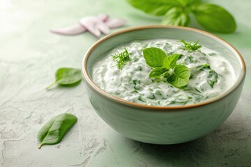  Closeup view of Delicious Indian Dish Spinach Yogurt (Palak Raita) Garnishing with Mint Leaves.