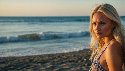 Fototapeta na wymiar stunning scandinavian woman with blonde hair is wearing a bikini on the beautiful beach