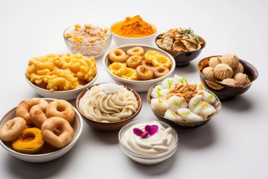 Top View, a table filled with a wide assortment of mouth-watering Indian snack, desserts and treats.