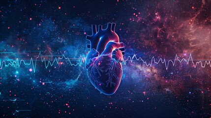 An illustration of a human heart in space with a glowing blue and purple EKG heartbeat line across the bottom. - obrazy, fototapety, plakaty