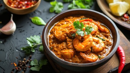  Hot and Delicious Seafood of Creamy shrimps curry seasonings in bowl, top view. - obrazy, fototapety, plakaty