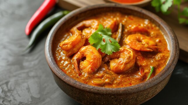  Hot and Delicious Seafood of Creamy shrimps curry seasonings in bowl, top view.