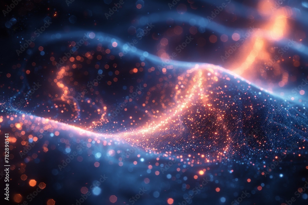 Poster the image captures a dynamic wave made of digital particles, symbolizing data flow, digital transfor