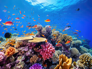 Vibrant Underwater Coral Reef with School of Tropical Fish