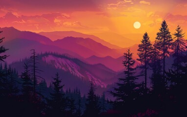 Sunset and silhouettes of trees in the mountains