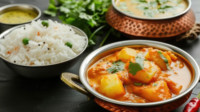 a Bountiful Bowl of Indian Food, Potato Curry Served with Rice on the table, closeup view.