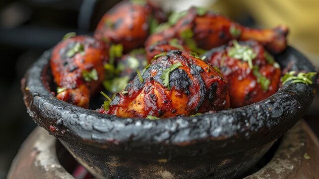 Spice sensation Tandoori Chicken a mouthwatering Indian Food in a clay pot, top view.