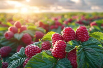 Luscious red raspberries ripen in the sun, set against the green foliage, signifying freshness and...