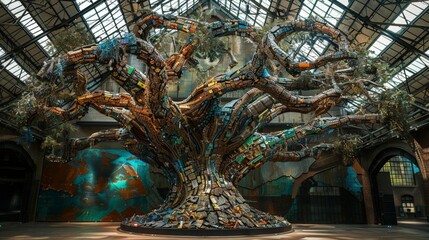 A sculpture resembling a colossal tree made entirely of recycled materials, branching out in all...