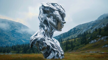A sculpture resembling a mythical creature, half-machine and half-organic, standing as a guardian at the threshold between the known and the unknown. - obrazy, fototapety, plakaty