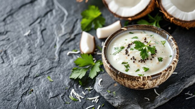  Healthy and Delicious a bowl filled with Coconut chutney is a south indian condiment made with fresh coconut, chilies, spices & herbs placed on a dark rock.