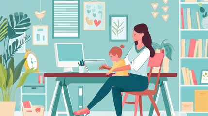 Working Mother with Child at Home Office - 782898564