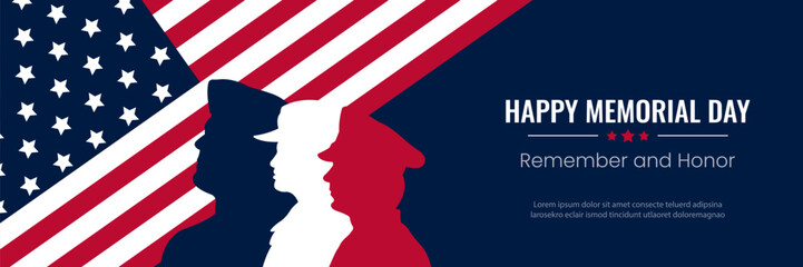 Memorial Day banner. Vector illustration with silhouettes of military men.