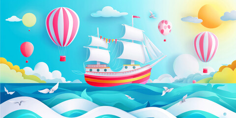 Bright party on a ship in sea with balloons . Summer travelling illustration.  Papper banner