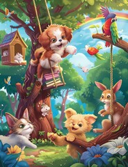 Diverse group of adorable pets on a swing, there's a cozy treehouse nestled among tall trees, with a rainbow.