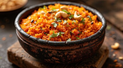 Freshly Baked Delicious Indian Dessert Carrot Halwa (gajar halwa) with Several Nuts in Bowl, Top View.