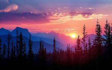 Sunset and silhouettes of trees in the mountains