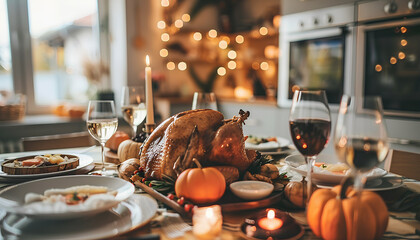 Festive table setting with tasty food for Thanksgiving Day in kitchen - obrazy, fototapety, plakaty