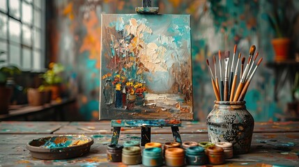 Abstract painting at creative painter atelier with acrylic colors and paintbrushes.