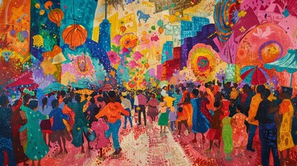 A tempera painting depicting a vibrant festival procession, with costumed dancers, musicians, 