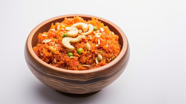 Freshly Baked Delicious Indian Dessert Carrot Halwa (gajar halwa) with Several Nuts in Bowl, Top View.