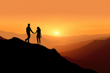 Romantic Couple Enjoying Sunset Atop Mountain