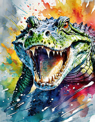 Władca Bagien: Kolorowy Aligator Na Tle Malowniczego Pejzażu - obrazy, fototapety, plakaty