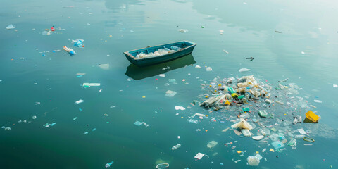 Waste floating on water surface in Southeast Asia. Environment pollution. - obrazy, fototapety, plakaty