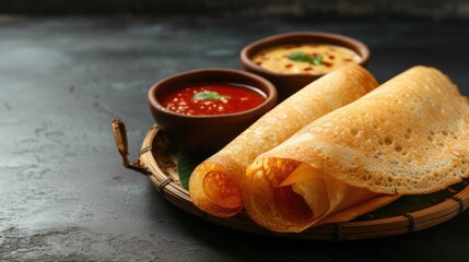 Traditional delicious South Indian dish dosa with sambhar and chutney.