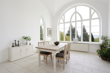 Elegant Dining Room with Arched Window and Natural Light